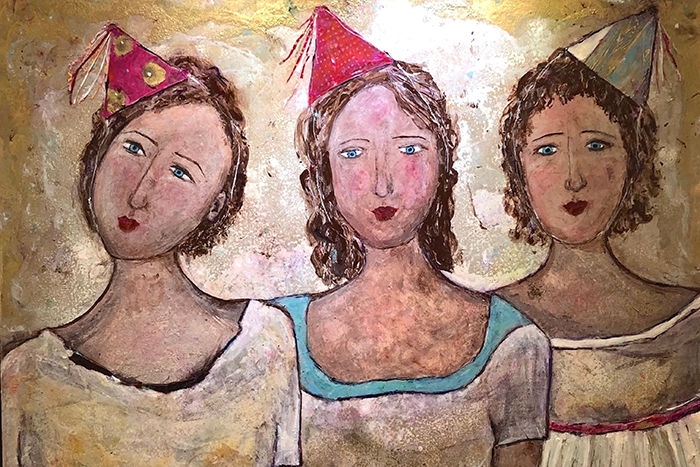 A painting by Artist Holly Berger Markhoff of three women wearing party hats and dresses